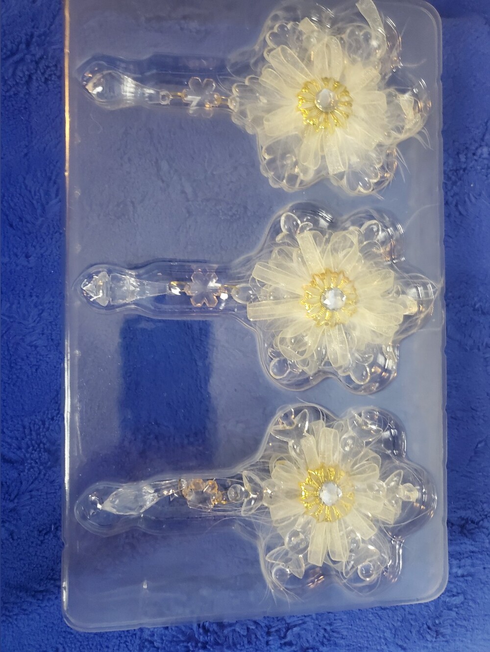 VTG Set Of 3 Acrylic Crystal Dangling Ornaments With Gems & Feathers In Box EUC